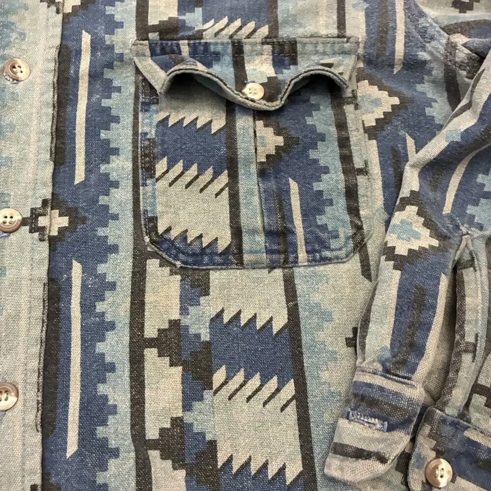 Vintage‎ The Sportsmans Guide Shirt Mens Medium M Blue Chamois Aztec Button Up